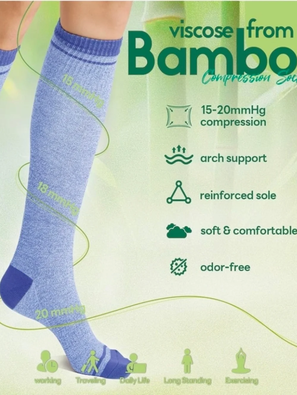 Compression Socks Women & Men, 15-20 mmHg Bamboo Viscose Knee High Soft Support